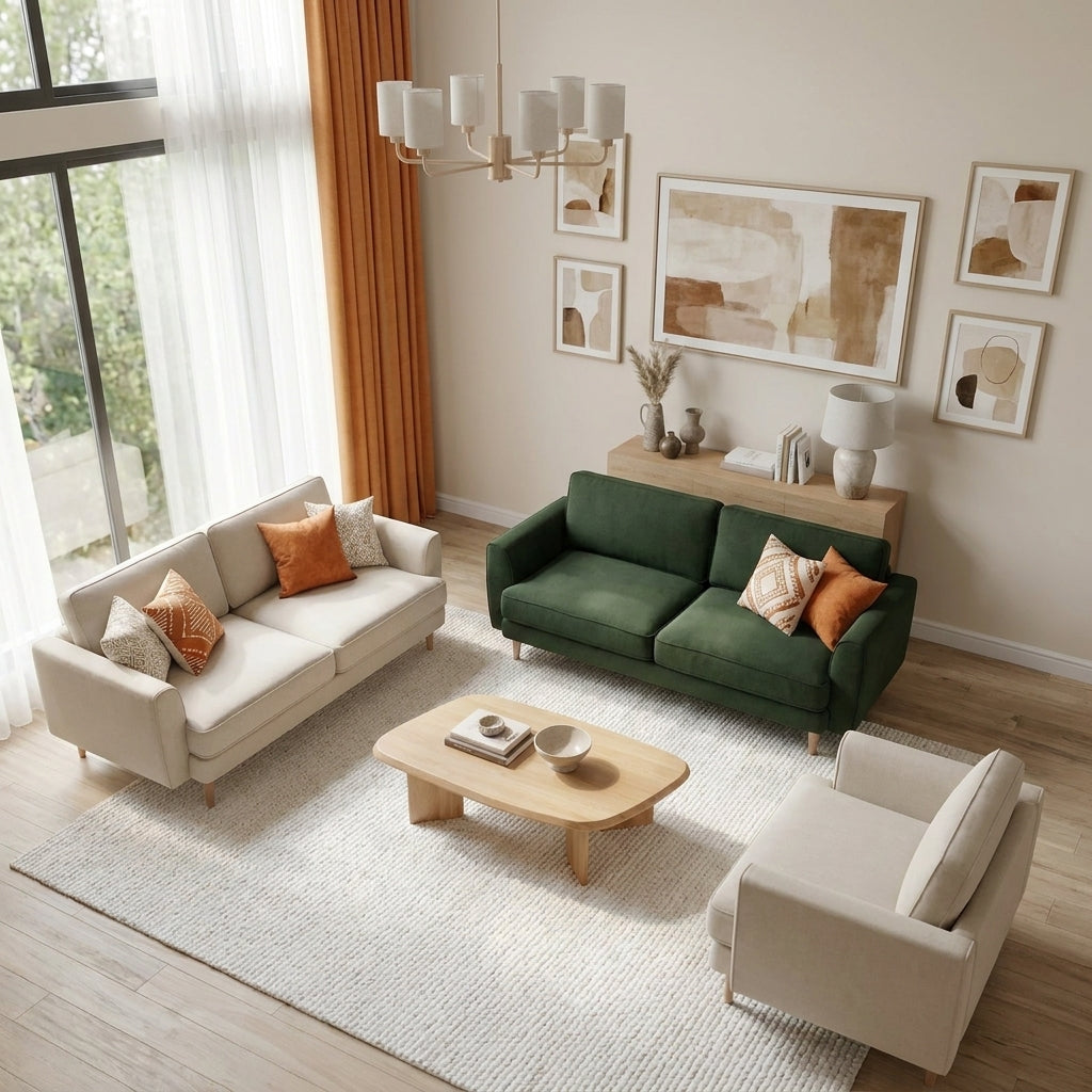 Flora Yeşili ve Aspendos Beji 3 - 2 - Loveseat Koltuk Takımı