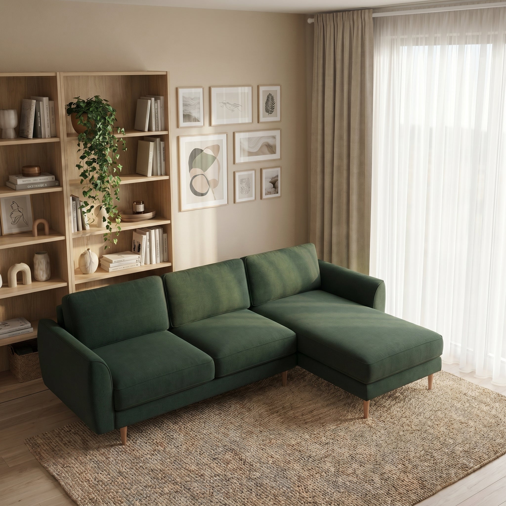 Chillax / Midi Köşe / Fitilli / İtalyan Kol / Desenli Kadife / Flora Yeşili / Carlo / Naturel