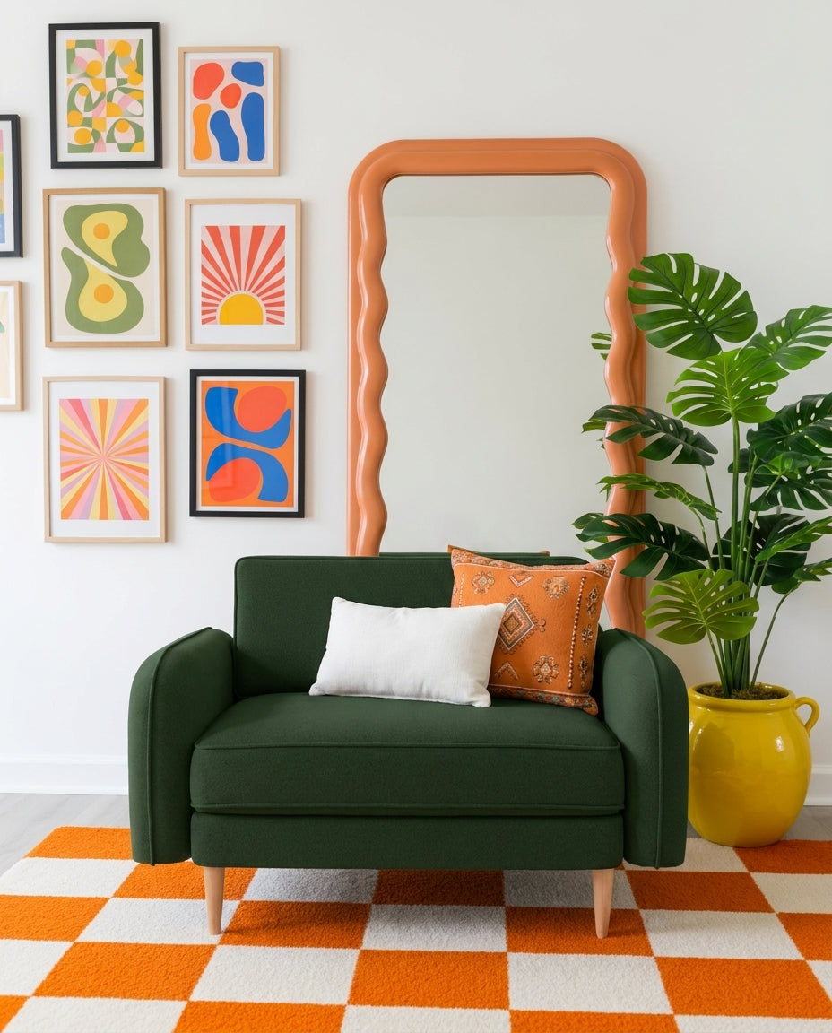 Chillax / Loveseat / Fitilli / Post Modern Kol / Desenli Kadife / Flora Yeşili / Charlotte / Naturel